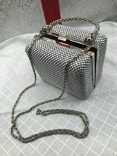 Vintage Silver Clutch   5x4x3  with 22  Chain Strap, Beaded-Texture Fabric, 1960