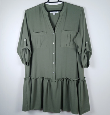 Emma And Michele Dress Size 2X Olive 3/4 Tab Sleeves V-Neck