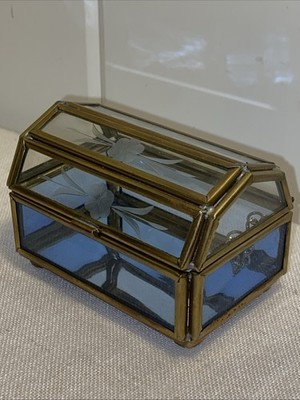 Vintage Via Vermont trinket box floral etched blue glass mini treasure chest box