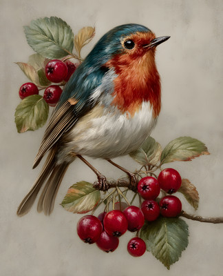 8x10 Cozy Storybook Bird Sitting on Branch of Tree with Art Print - 837878090