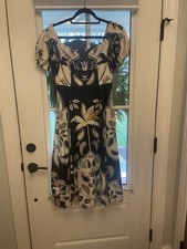 Anthropologie Maeve Dress Spring Midi EUC Floral Blk White Tan -10