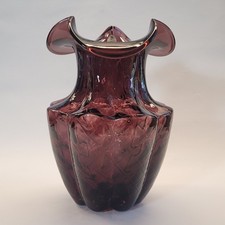 Fenton Art Glass Plum Diamond Optic Large Vase 10" 3 Point Crimped Rim Vintage