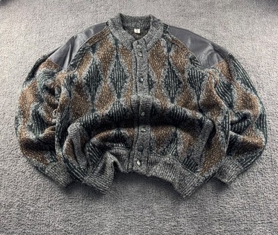 Vintage Pattern Cardigan Leather Shoulder Grandpa Style Oversized 90s Knit Sweat