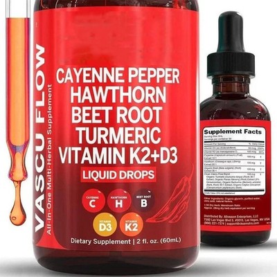 Cayenne Pepper Hawthorn Beet Root Turmeric Vitamin K2+D3 Liquid Drops (60ML)