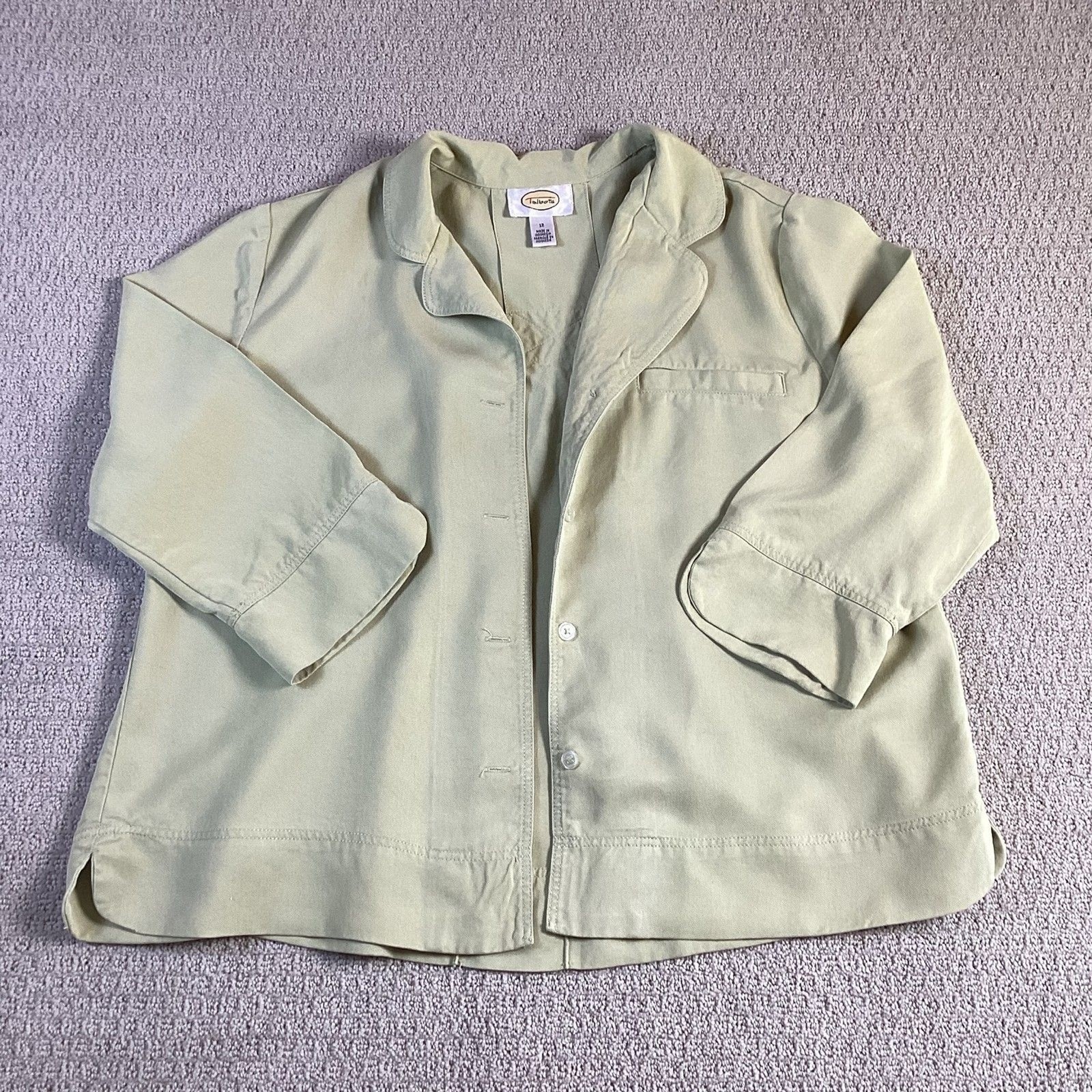 Talbots Womens Sage Green Twill 3/4 Sleeve Button Front Jacket Blazer Size 12
