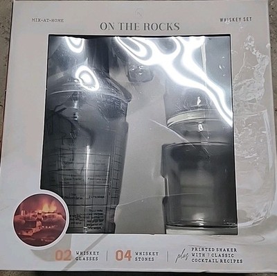 On The Rocks Whiskey Set With Printed Shaker 2 Whiskey Glasses 4 Whiskey Stones