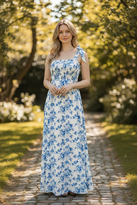 White & Blue Floral Toile Women's XS Maxi Dress with Tied Straps and Smocked  Top | eBay
