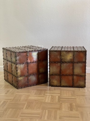 Pair of Mixed Metal Studded Cube Low Tables, End Table, Side Table,Patina Copper - Picture 17 of 24