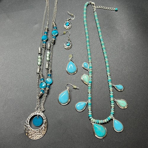 Set Of 2 Silver Tone Costume Jewelry Blue Stone Statement Necklaces And