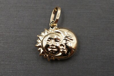14K Gelbgold 0,75'' 3D Puff poliert Sonne und Mond Charm Anhänger.