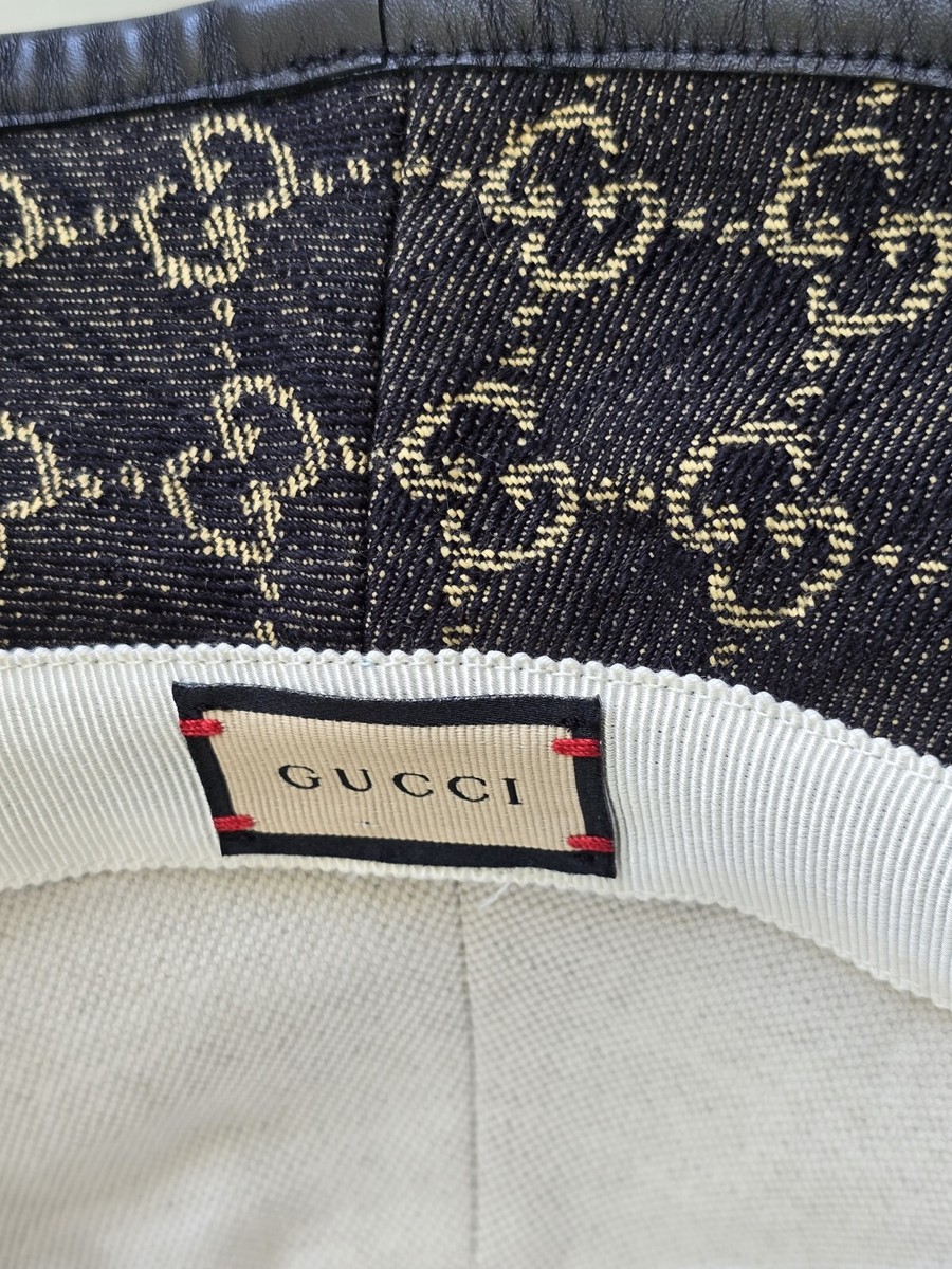 Gucci Bucket Hat Black Beige Denim GG Monogram Logo Leather Gucci Bucket Hat Black Beige Denim GG Monogram Logo Leather