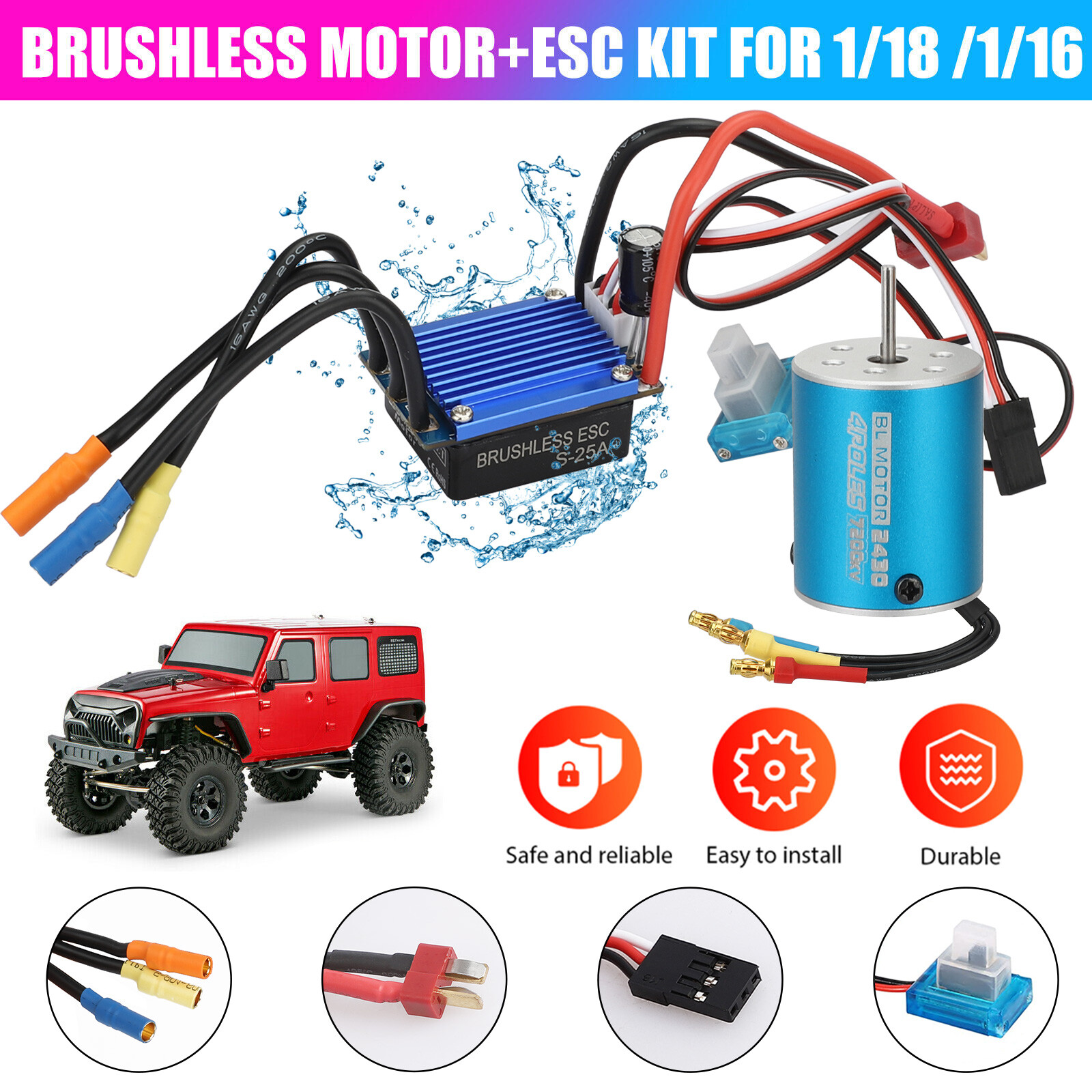 Brushless Motor 2430 7200KV Waterproof w/ 25A ESC Combo Set for 1:18 1:16 RC Car