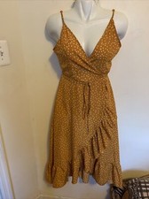 Shein Women’s Gold Polka Dot Ruffle Trim Wrap Tie Dress Size M