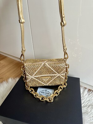 Prada Crystal Kristall gold Mini Satin Umhängetasche Clutch Kette