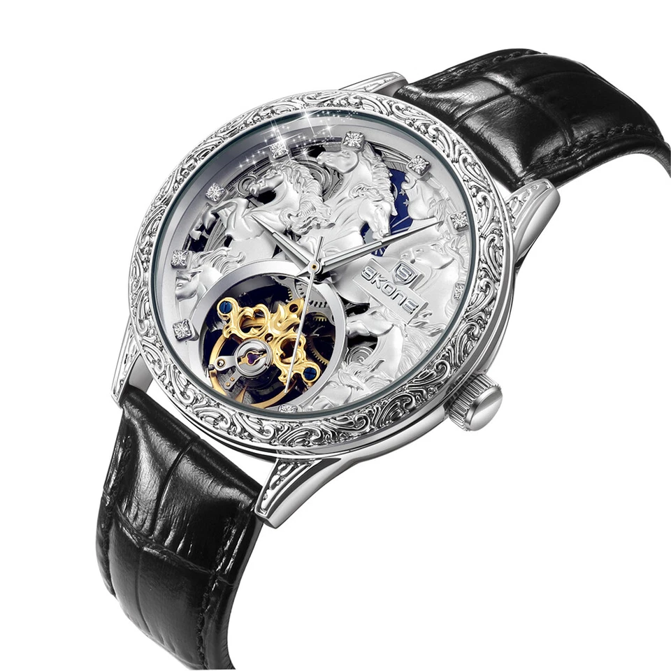 Relojes mecánicos automáticos para hombre correa de cuero informal impermeable mano luminosa Foto 3 de 4