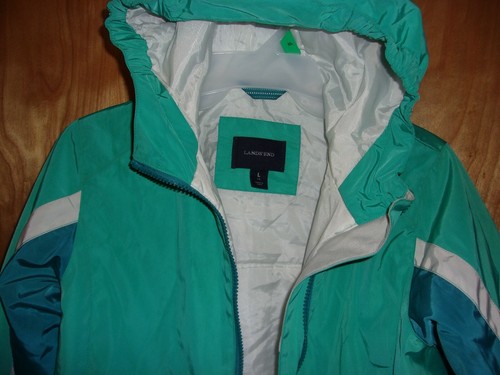 GIRLS LANDS END LARGE 14 TEAL GREEN HOODED JACKET FALL WINTER - Picture 2 of 3