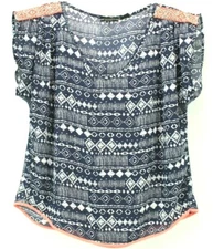  Miss Me Top Womens Sz M Blue Blouse Aztec Boxy Beaded shoulder neon accent 