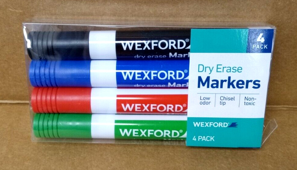 4 Pack - Wexford Dry Erase Markers Color Set (Black, Blue, Red, Green)
