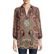 Alice + Olivia Boho Hippie Paisley Oversized Sheer Size Medium Tassel Tunic Top