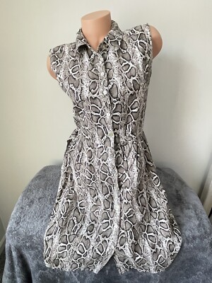 Snake Skin Shirt Dress S Natural Flax Linen Animal Print Button Belted Black Euc