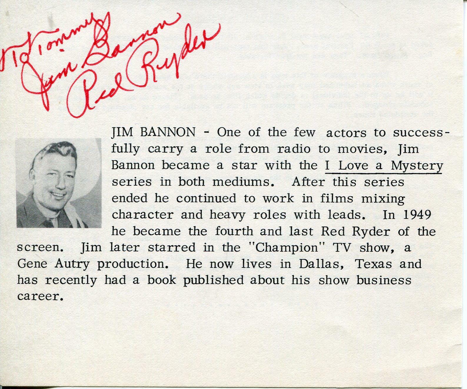 Jim Bannon Autograph Red Ryder Lone Ranger Western TV Actor Signed ...