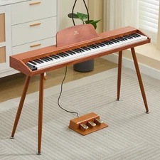 MUSTAR 88 Key Semi Weighted Digital Piano Dual Keyboard USB MIDI,3-Pedal,Brown 
