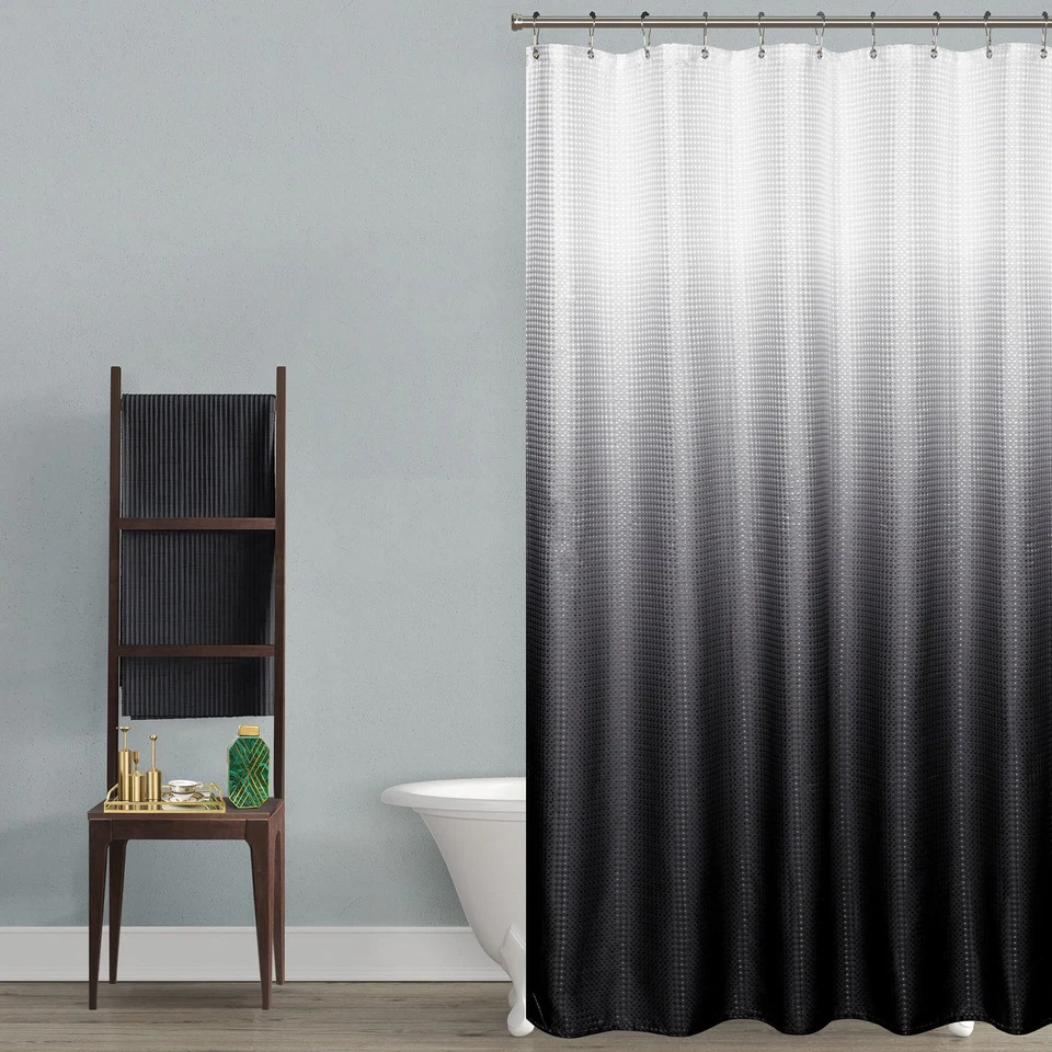 Black and White Waffle Weave Fabric Shower Curtain Set with Hooks,Waterproof ... - Image 4 of 4