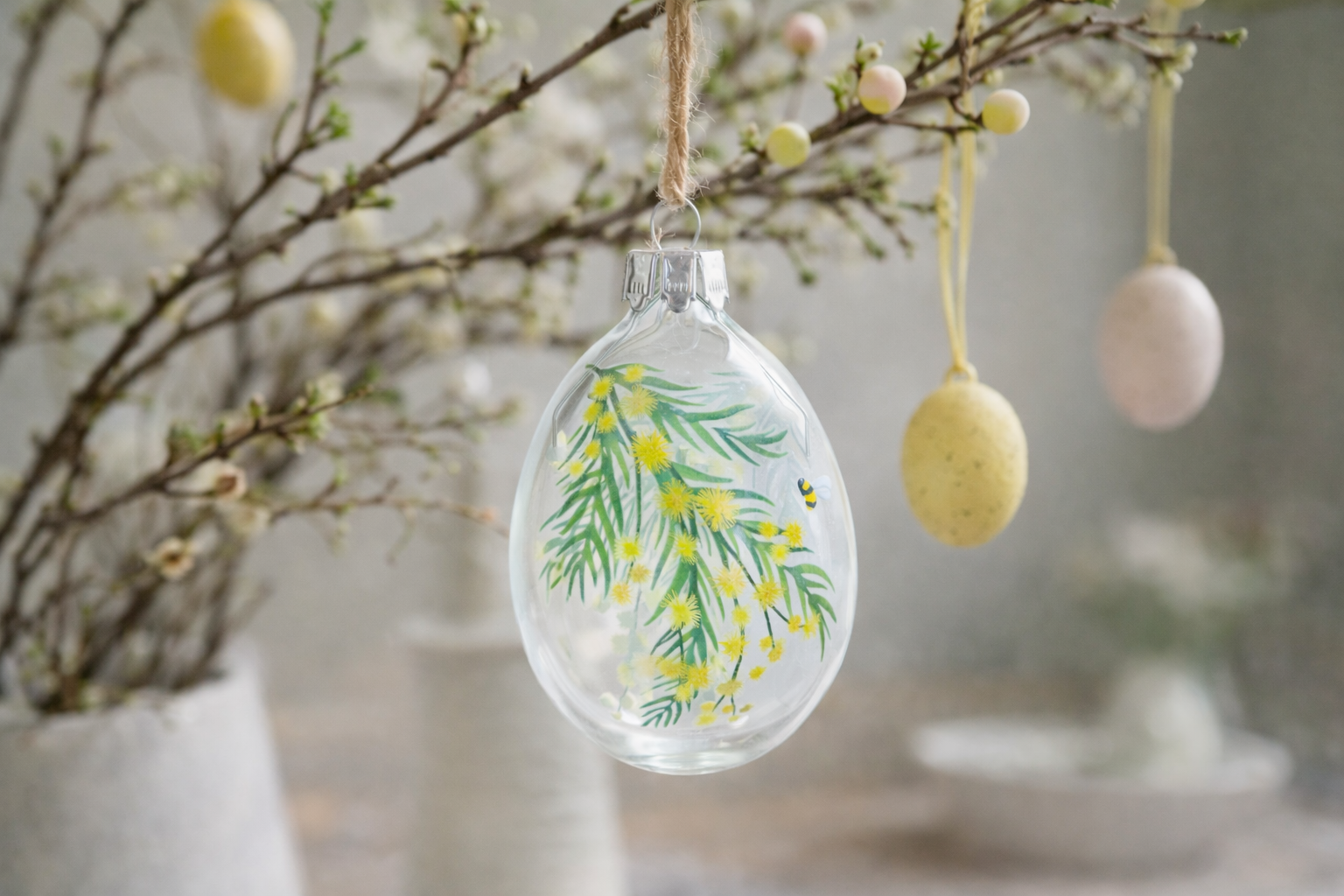 Gisela Graham Mimosa Floral Glass Egg Hanging Decoration 7cm Easter Spring