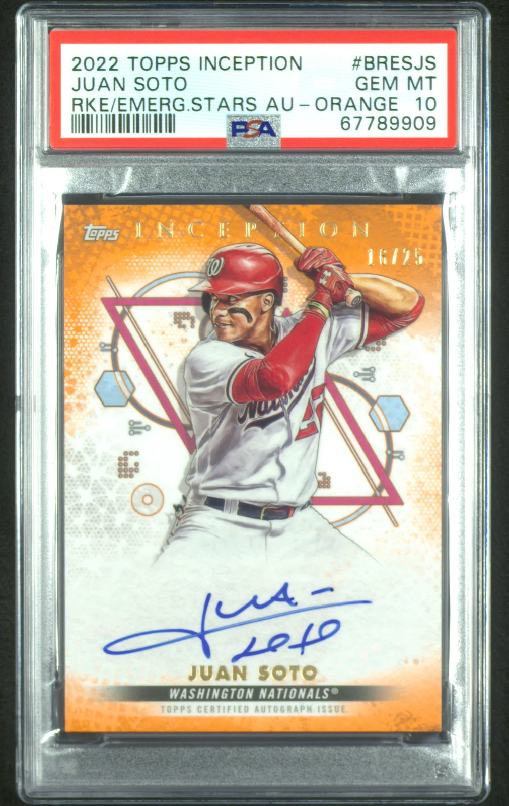 2022 Topps Inception Rookie And Emerging Stars Auto Juan Soto Orange PSA 10 /25 view 1