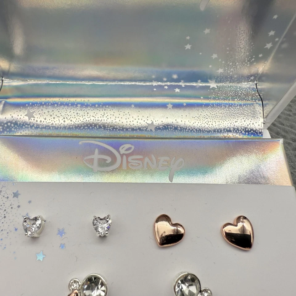 Disney Minnie Mouse Silver Plated Earrings Set Hearts Crystals Gift Boxed New - Image 3 of 4