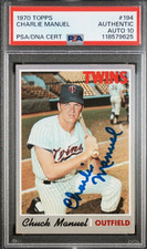 1970 Topps #194 Charlie Manuel Signed Rookie Card Autograph RC PSA 10 Auto Twins
