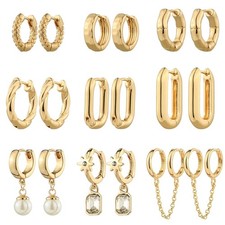 9 Pairs Gold Chunky Hoop Earrings Set for , 14K Plated Twisted Huggie Earring...