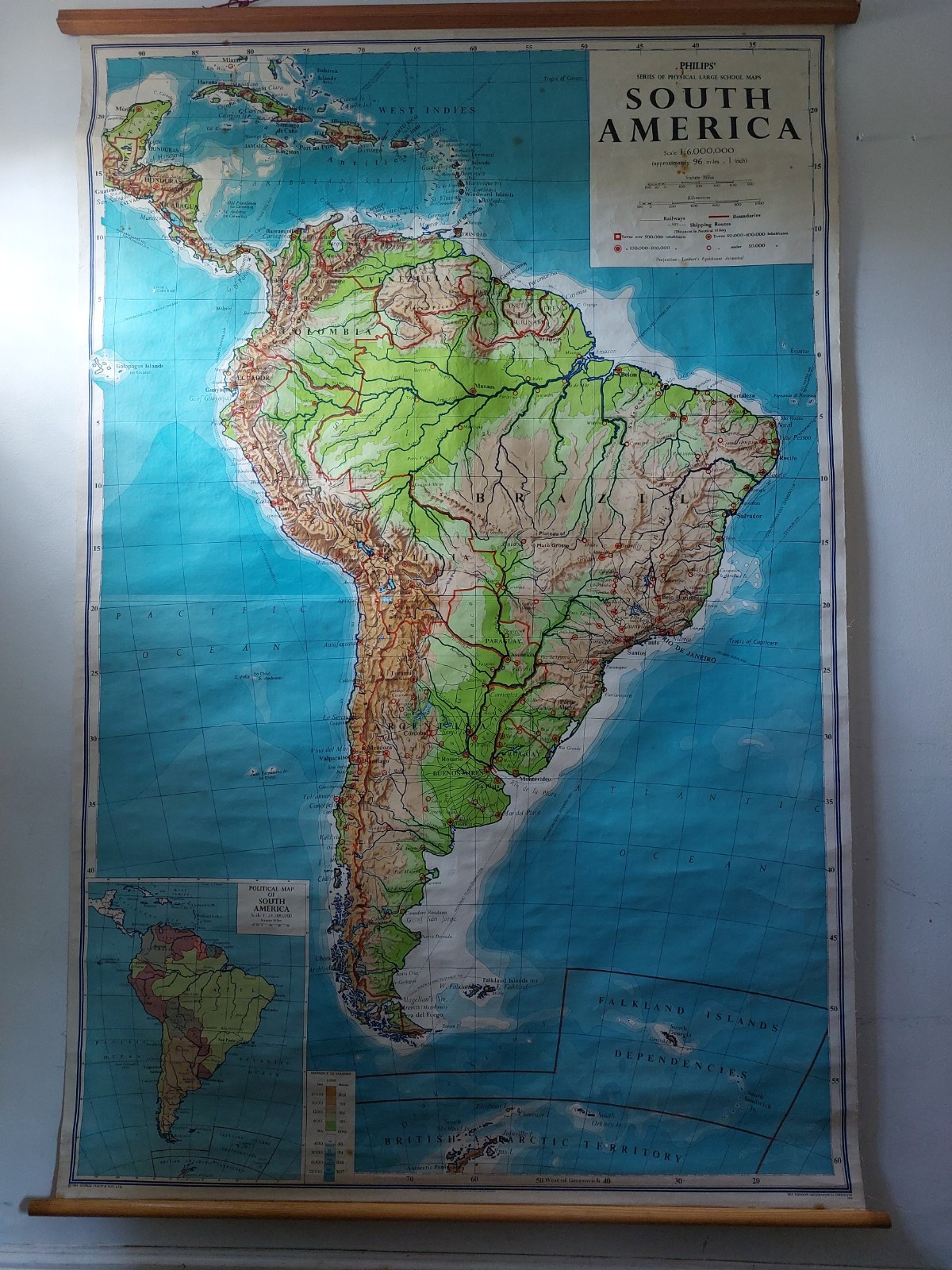 Very Large Vintage George Philip & Son London School Room Map of South America