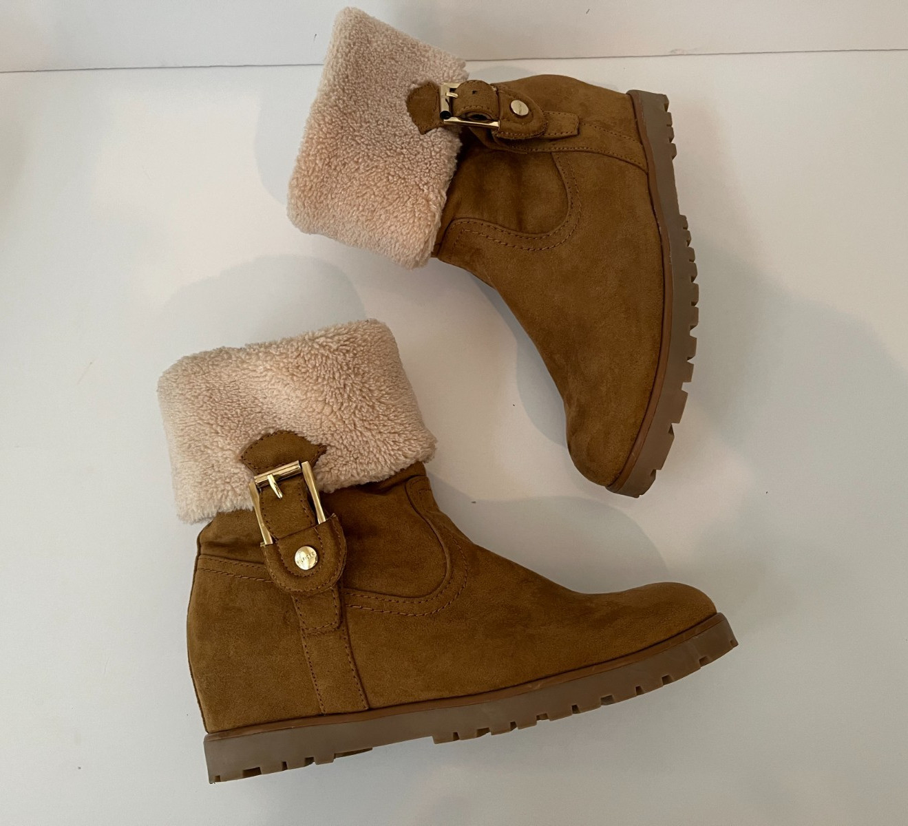 Tommy Hilfiger Soffia 2 Wedge Suede Leather Faux Fur Ankle Boots Women's Size 6M