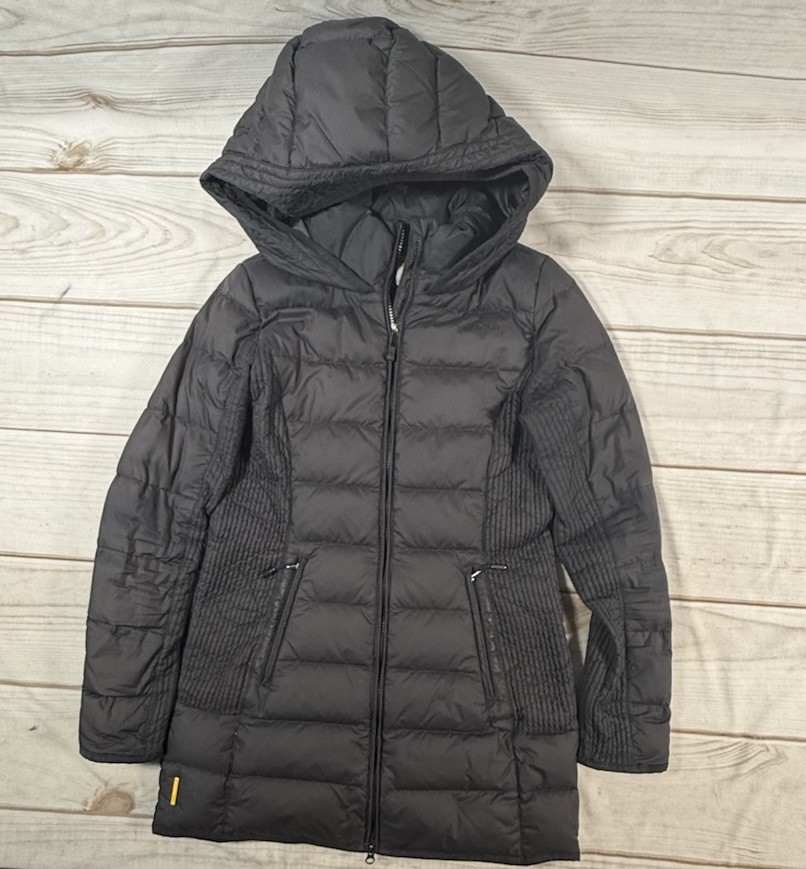 LOLE Down Parka Jacket Puffer Warm Womens Medium Black Hooded Full Zip Pockets