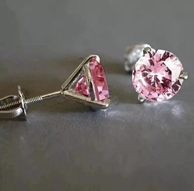 2Ct Round Cut Pink Lab Created Women's Stud Earring 14K White Gold Plated