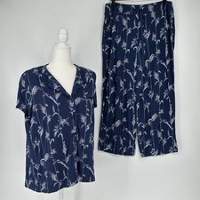 Soma Cool Nights Pajama Set Navy Blue Floral Print Button Down Top Pants M