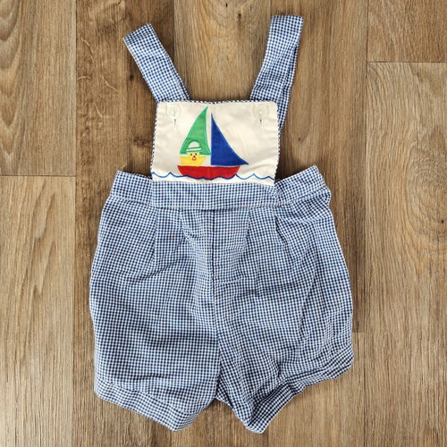 Cuties by Judy Vintage Blue Gingham Sailboat Embroidered Sunsuit Romper 6/9 Mos