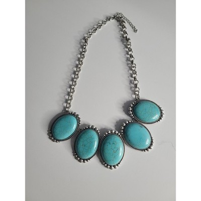 Silver Tone Faux Turquoise Oval Stone Statement Bib Necklace Boho Southwestern