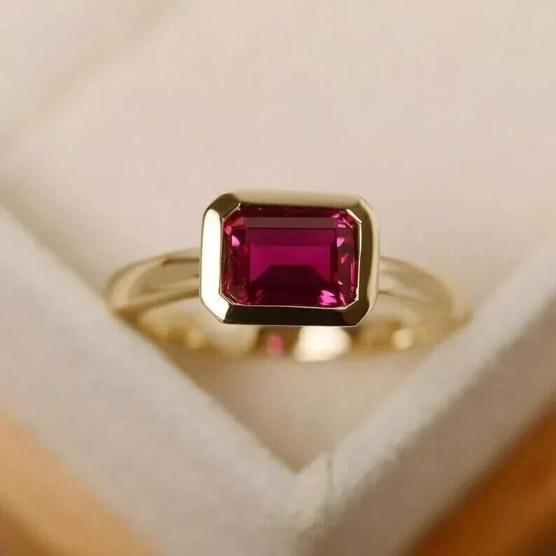 2Ct Emerald Cut Lab Created Pink Ruby Engagement Ring in 14K Yellow Gold  Plated