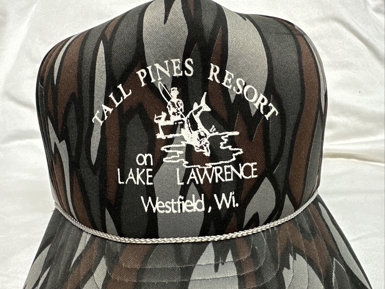 Vintage 80s 90s San Sun Tall Pines Resort Lake Lawrence Foam SnapBack Camo Hat