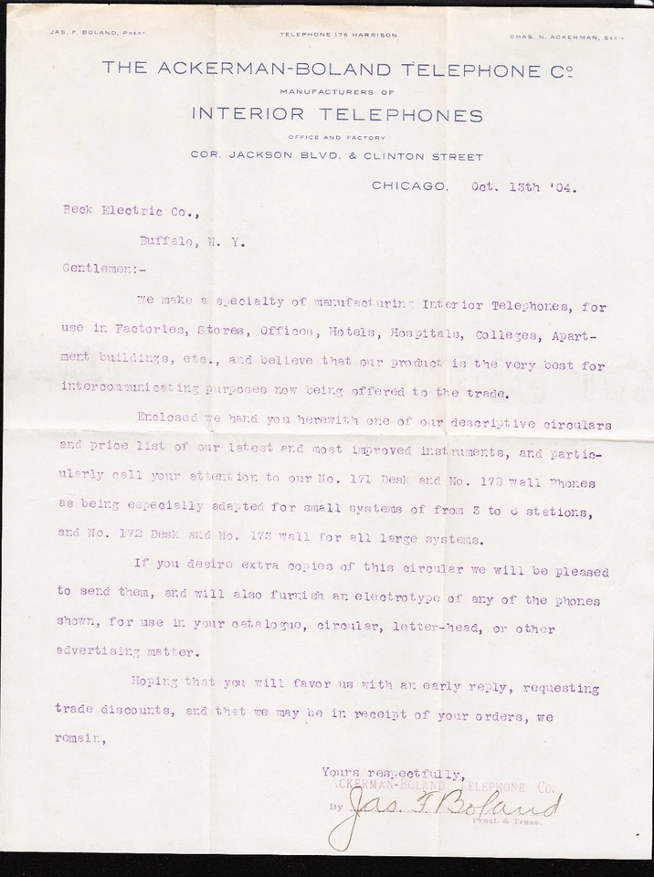 Ackerman-Boland Telephone Co Chicago Letterhead & Cover 1904 Beck Electric Co µ - Image 3 of 3