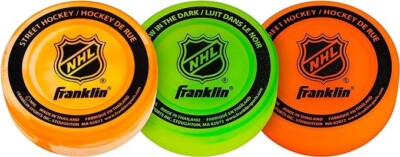 Franklin NHL Street Hockey Pucks- 3-Pack Combo- glow in dark high density Colors