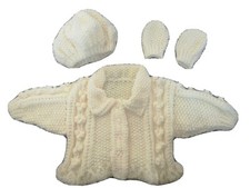 Hand Knitted Baby Lemon Aran Cardigan, Beret And Mittens