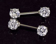 PAIR BLING 14G SURGICAL STEEL PRONG SET CLEAR CZ NIPPLE RING BARBELL NIPPLERINGS