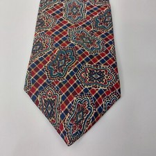 Vintage Wembley Red & Blue Geometric Print 100% Silk Tie Necktie Made in USA
