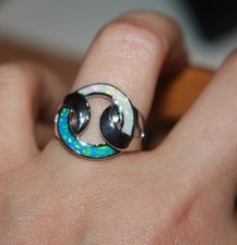 inlaid fire opal ring silver plate gems jewelry modern round engagement weeding