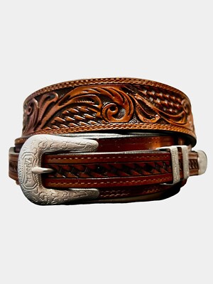 Hand Tooled Leather Ranger Belt Western Leather Tan Snap Belts Handtooled 
