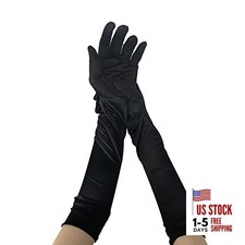 Long Satin Opera Gloves, Vintage Elbow Length Gloves, Bridal Dance Black