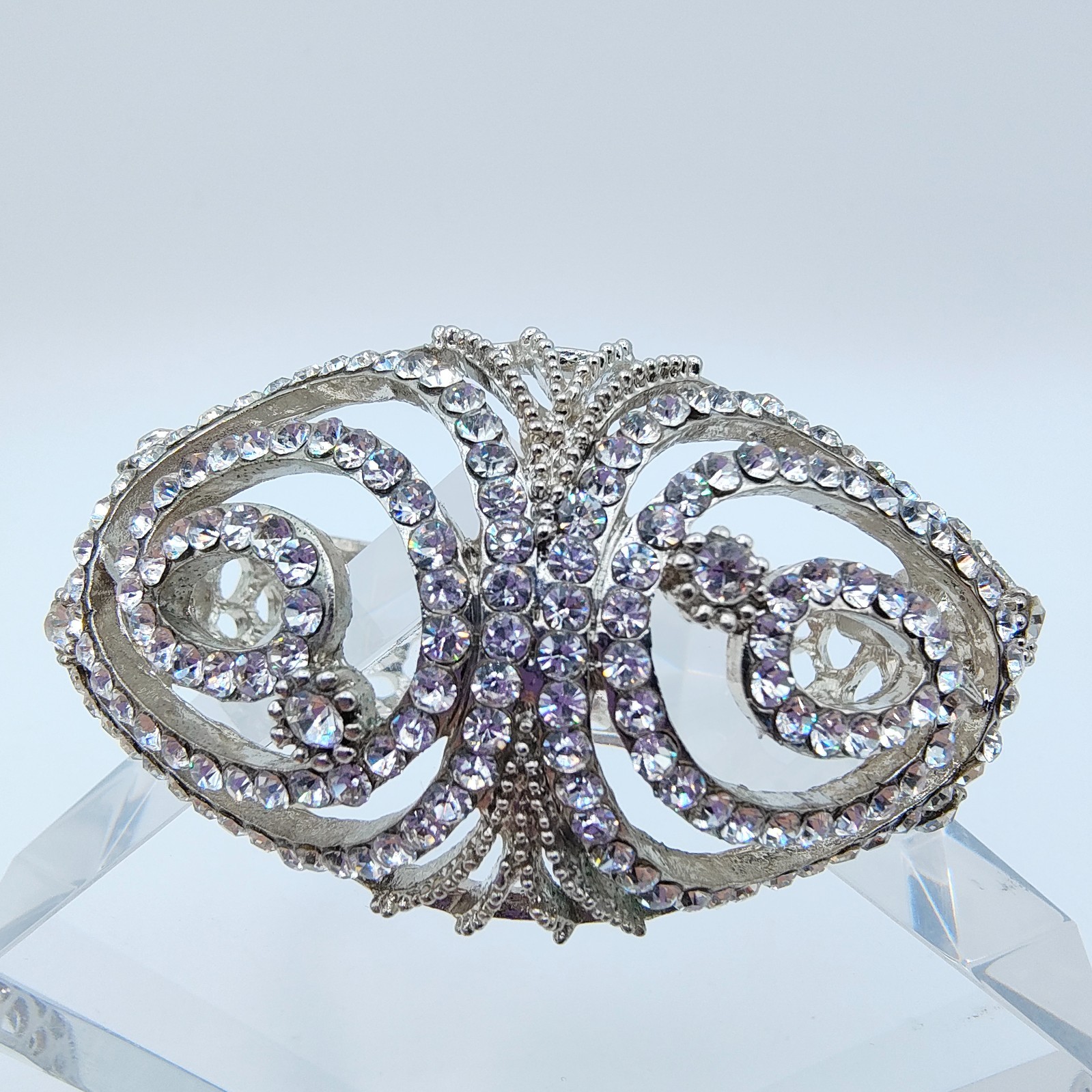 Art Deco Style Clamper Bangle Bracelet Silver Tone Rhinestone Hollywood Regency